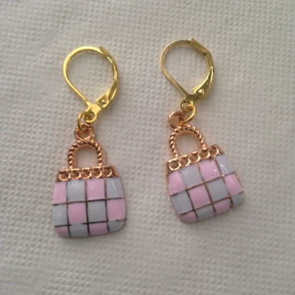 Pink Plaid Enamel Purse Necklace and Earrings Set - Picture 3 of 6